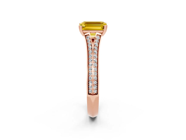 Rose gold Emerald Cut Yellow Sapphire Split Shank Engagement Ring with Pavé Band