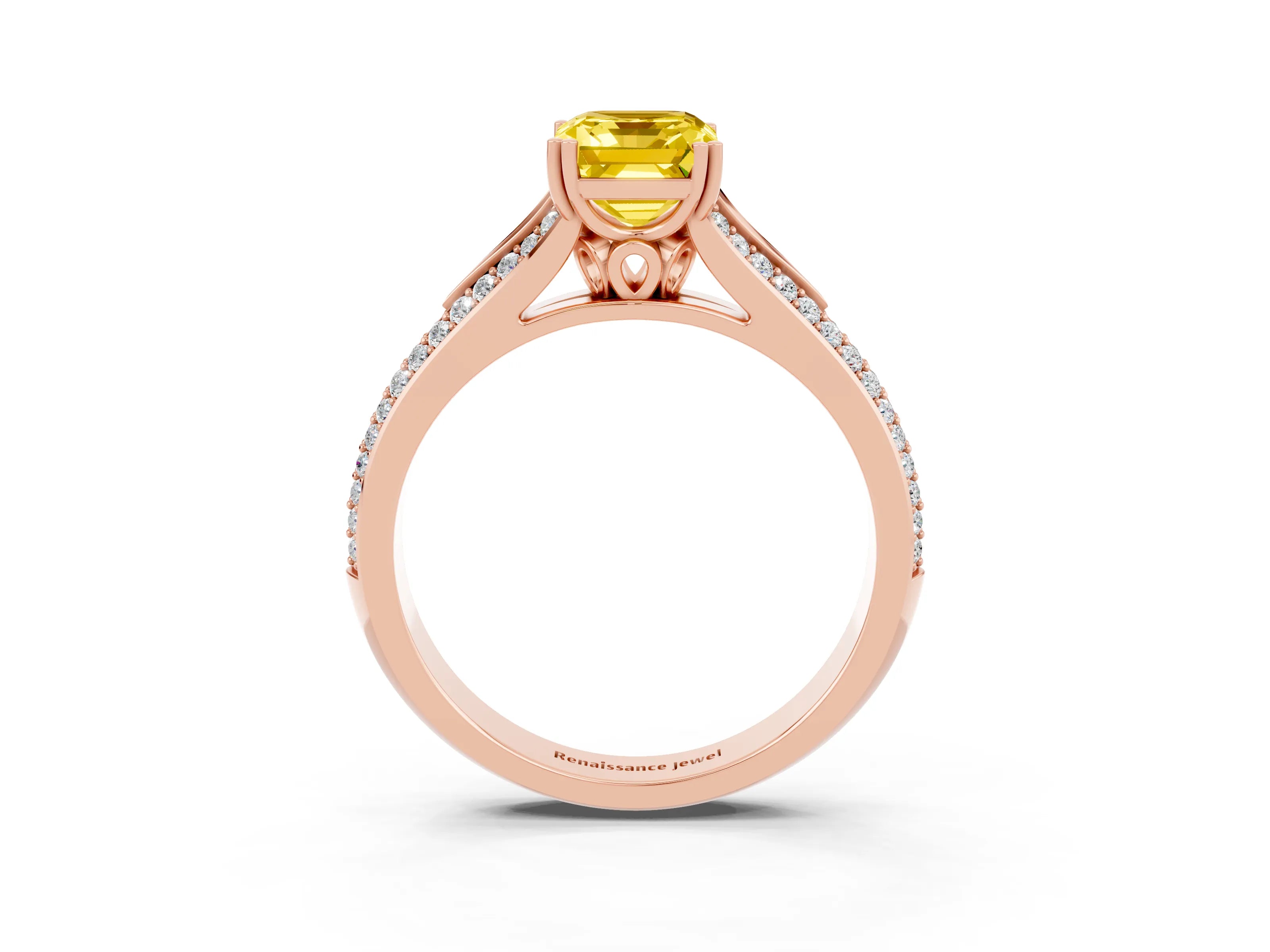 Rose gold Emerald Cut Yellow Sapphire Split Shank Engagement Ring with Pavé Band_27
