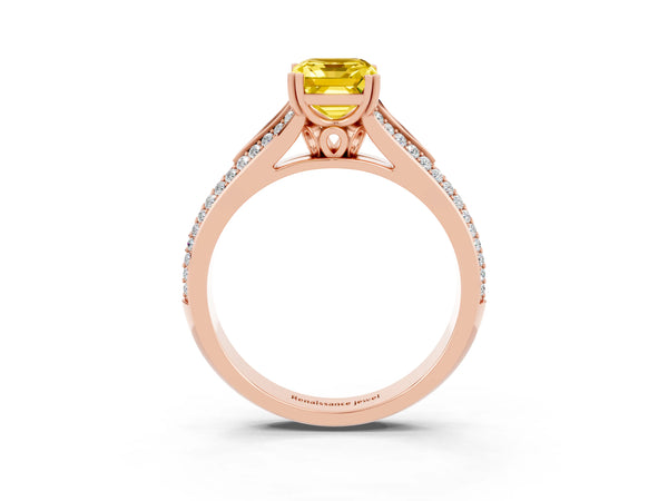 Rose gold Emerald Cut Yellow Sapphire Split Shank Engagement Ring with Pavé Band
