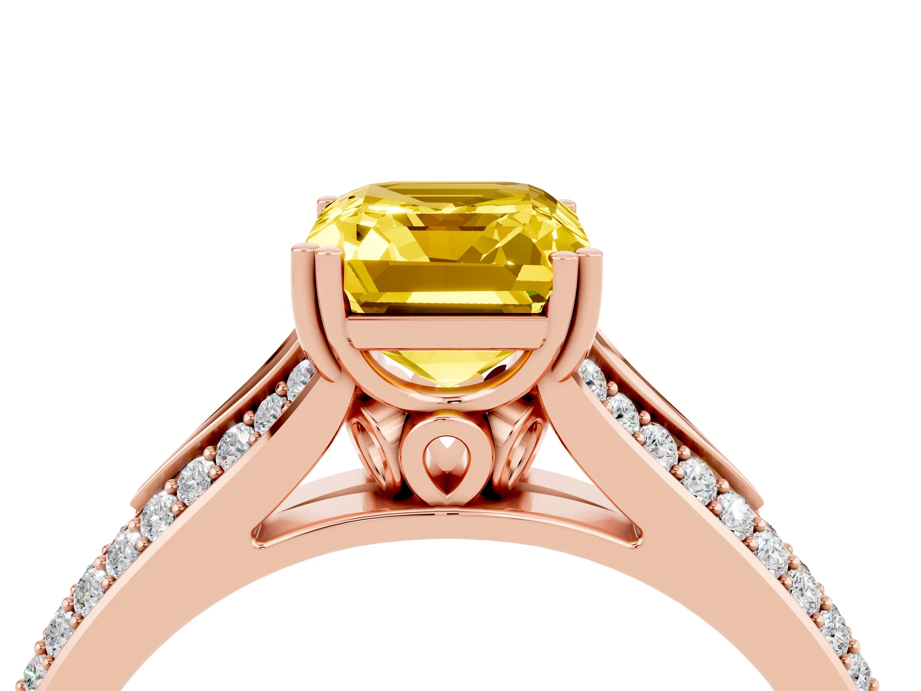 Rose gold Emerald Cut Yellow Sapphire Split Shank Engagement Ring with Pavé Band_28