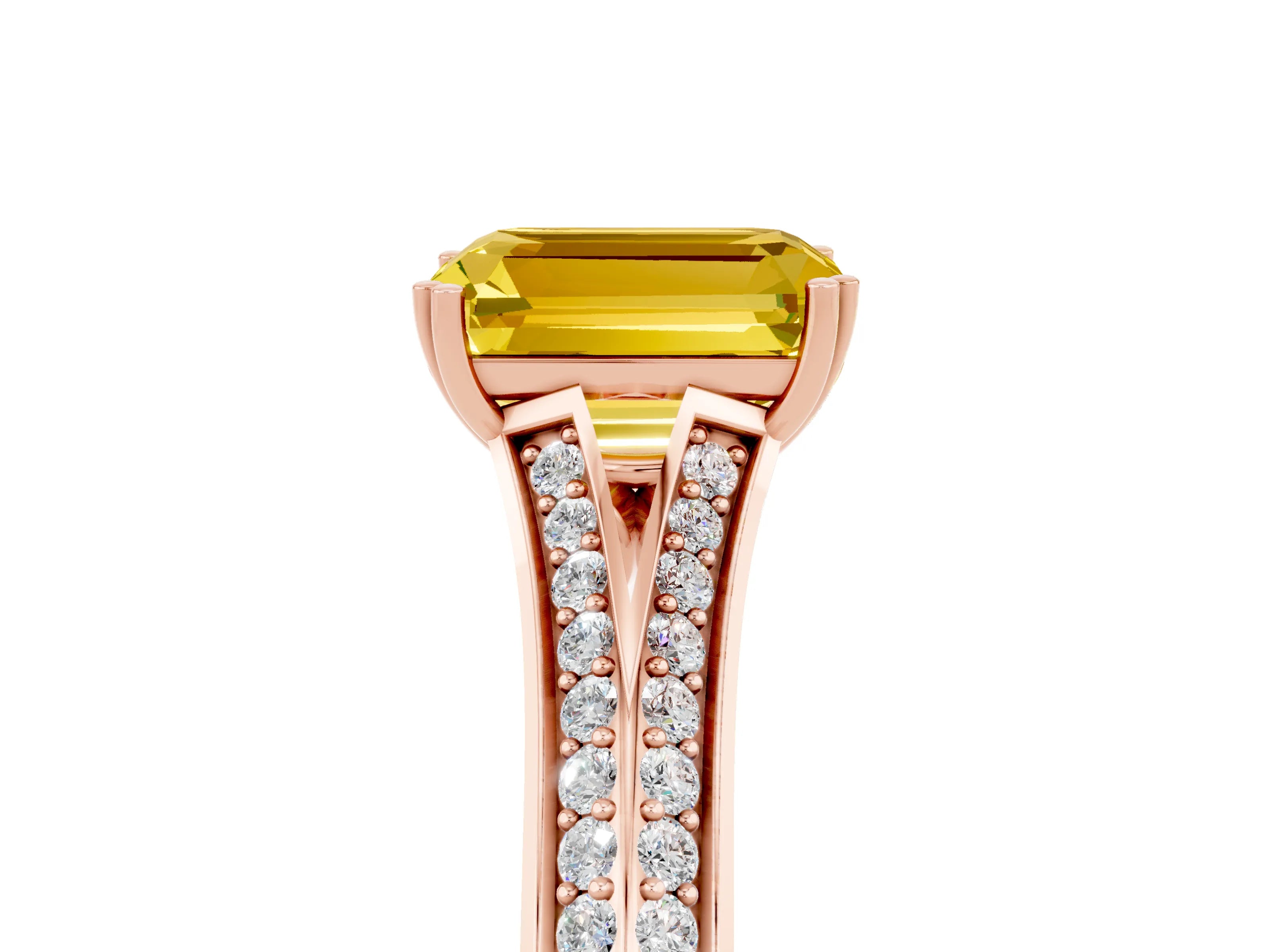 Rose gold Emerald Cut Yellow Sapphire Split Shank Engagement Ring with Pavé Band_29