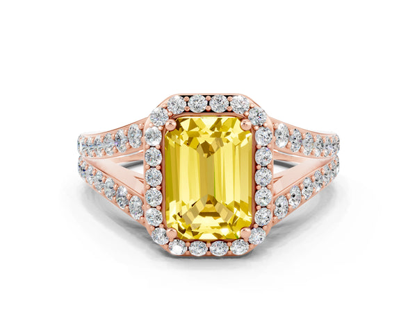 Rose gold Emerald Cut Yellow Sapphire Split Shank Halo Ring with Four-Prong Setting