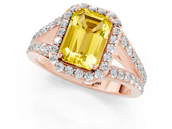 Rose gold Emerald Cut Yellow Sapphire Split Shank Halo Ring with Four-Prong Setting