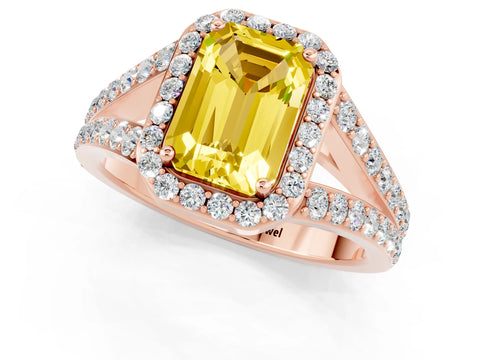 Rose gold Emerald Cut Yellow Sapphire Split Shank Halo Ring with Four-Prong Setting_13