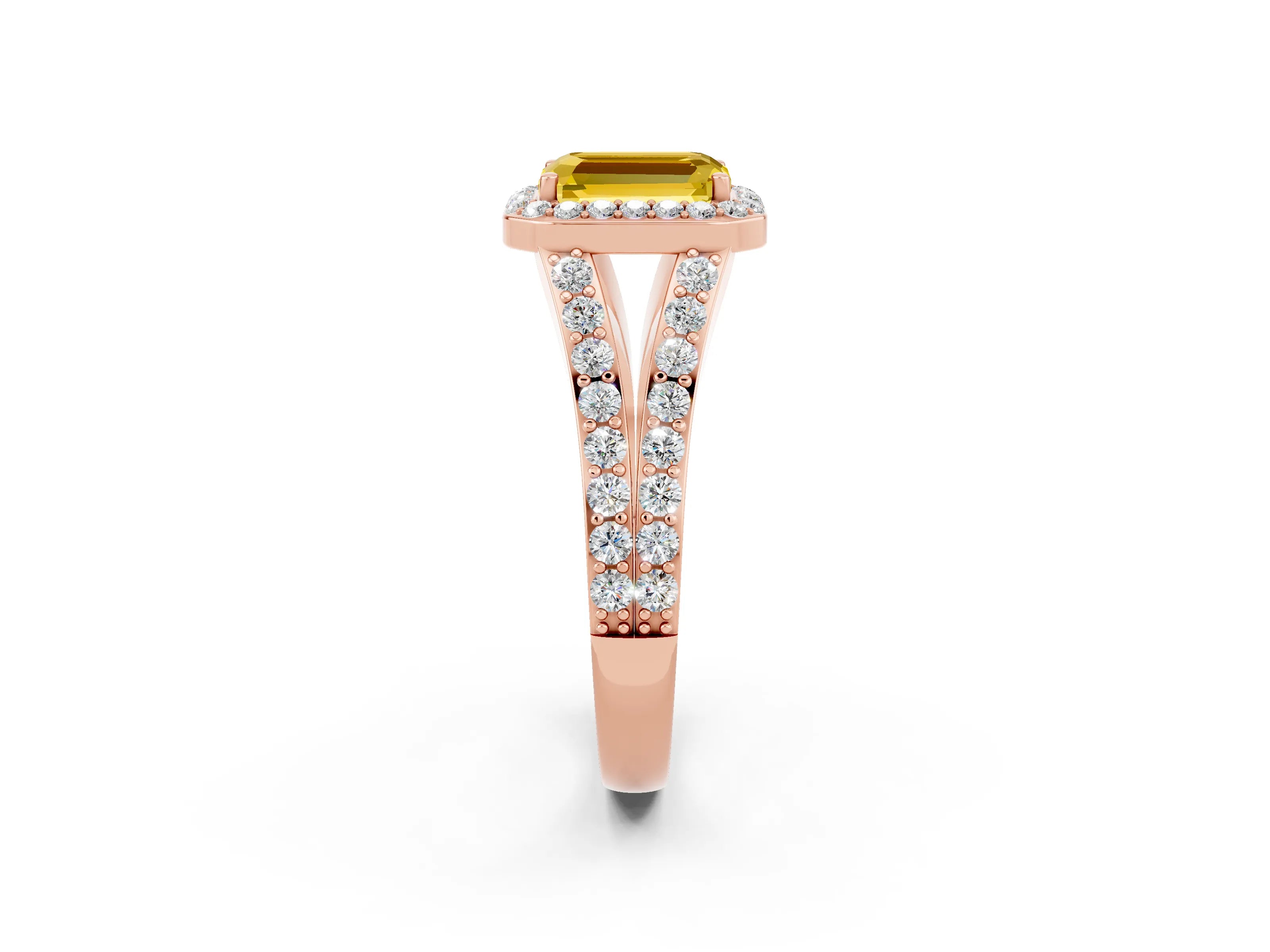 Rose gold Emerald Cut Yellow Sapphire Split Shank Halo Ring with Four-Prong Setting_14