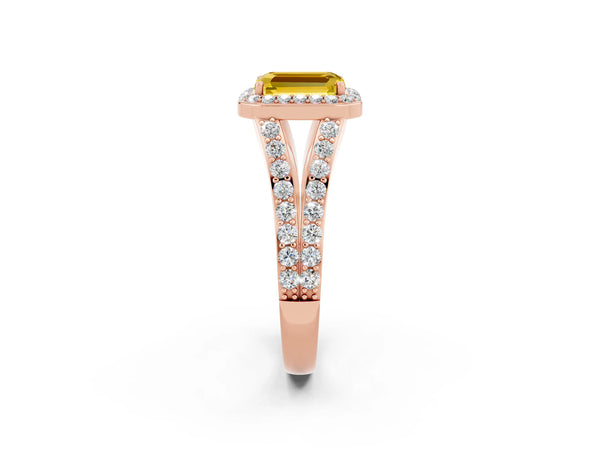 Rose gold Emerald Cut Yellow Sapphire Split Shank Halo Ring with Four-Prong Setting