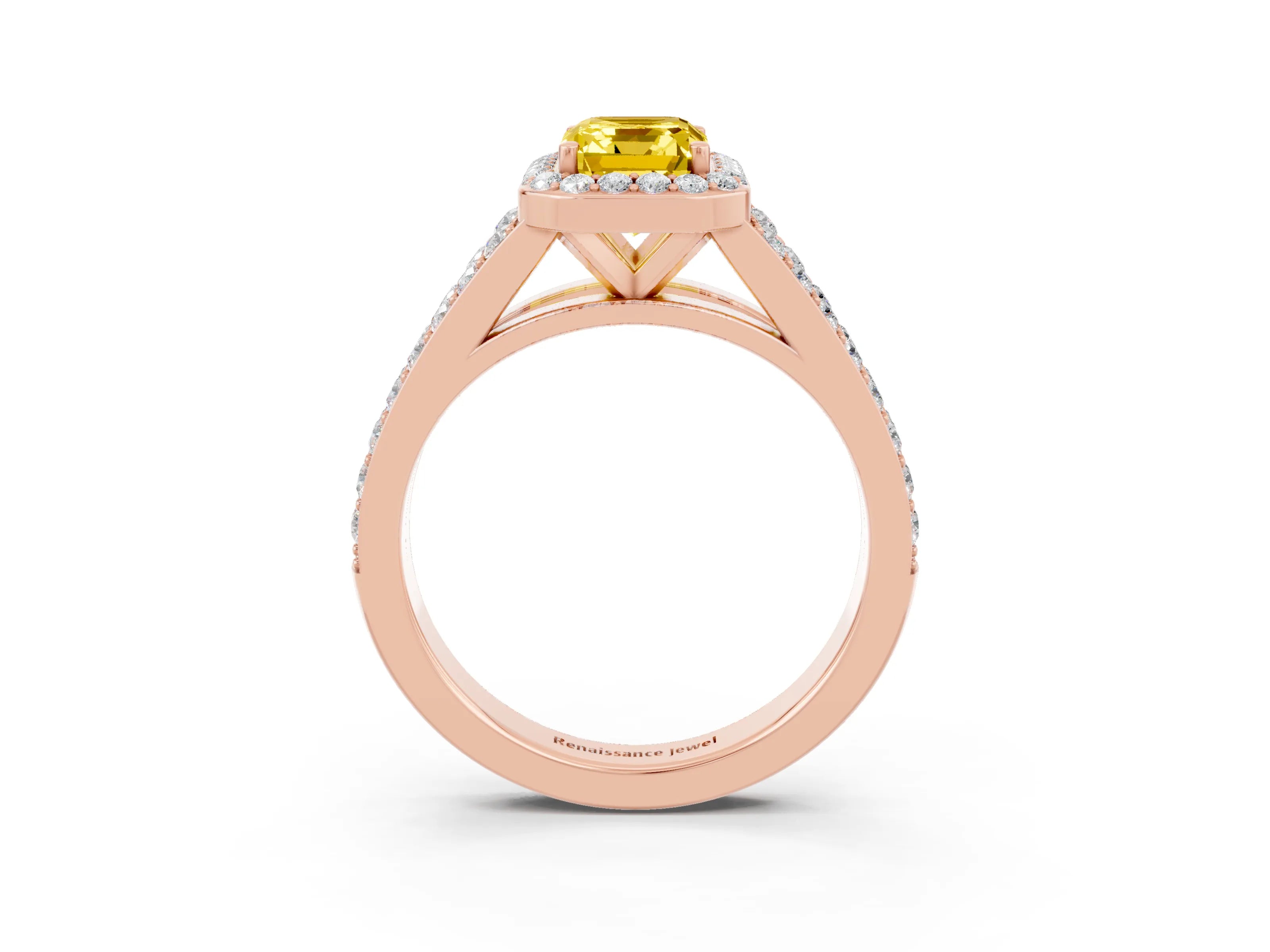Rose gold Emerald Cut Yellow Sapphire Split Shank Halo Ring with Four-Prong Setting_15