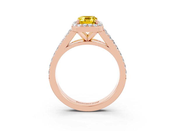 Rose gold Emerald Cut Yellow Sapphire Split Shank Halo Ring with Four-Prong Setting