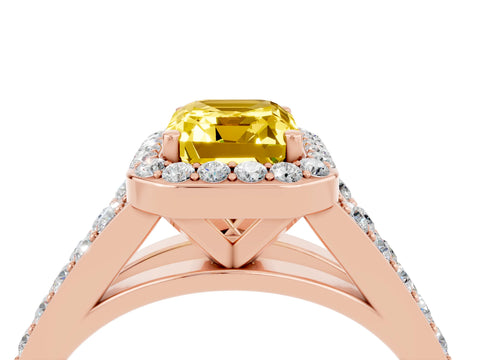 Rose gold Emerald Cut Yellow Sapphire Split Shank Halo Ring with Four-Prong Setting_16
