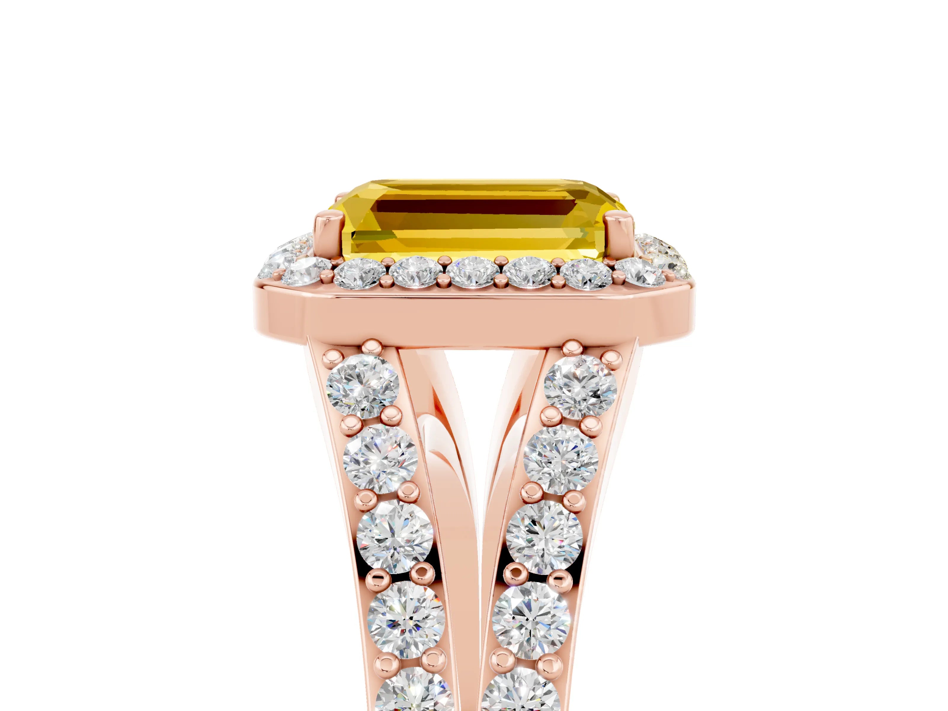 Rose gold Emerald Cut Yellow Sapphire Split Shank Halo Ring with Four-Prong Setting_17
