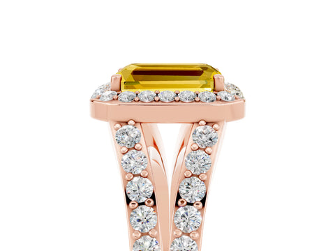 Rose gold Emerald Cut Yellow Sapphire Split Shank Halo Ring with Four-Prong Setting_17