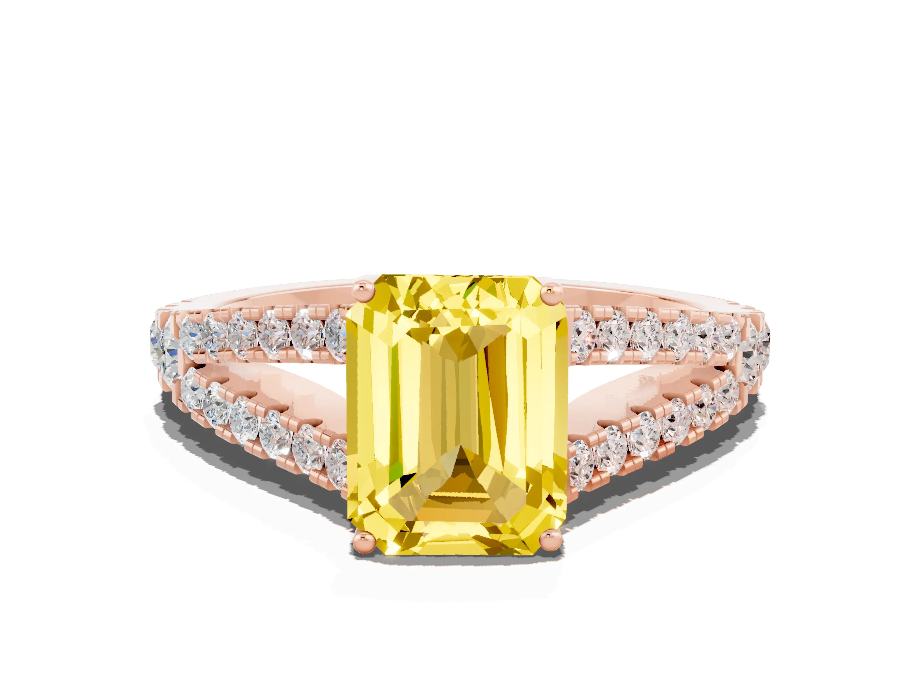 Rose gold Emerald Cut Yellow Sapphire Split Shank Pavé Engagement Ring with Four-Prong Setting_12