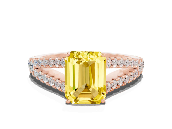 Rose gold Emerald Cut Yellow Sapphire Split Shank Pavé Engagement Ring with Four-Prong Setting