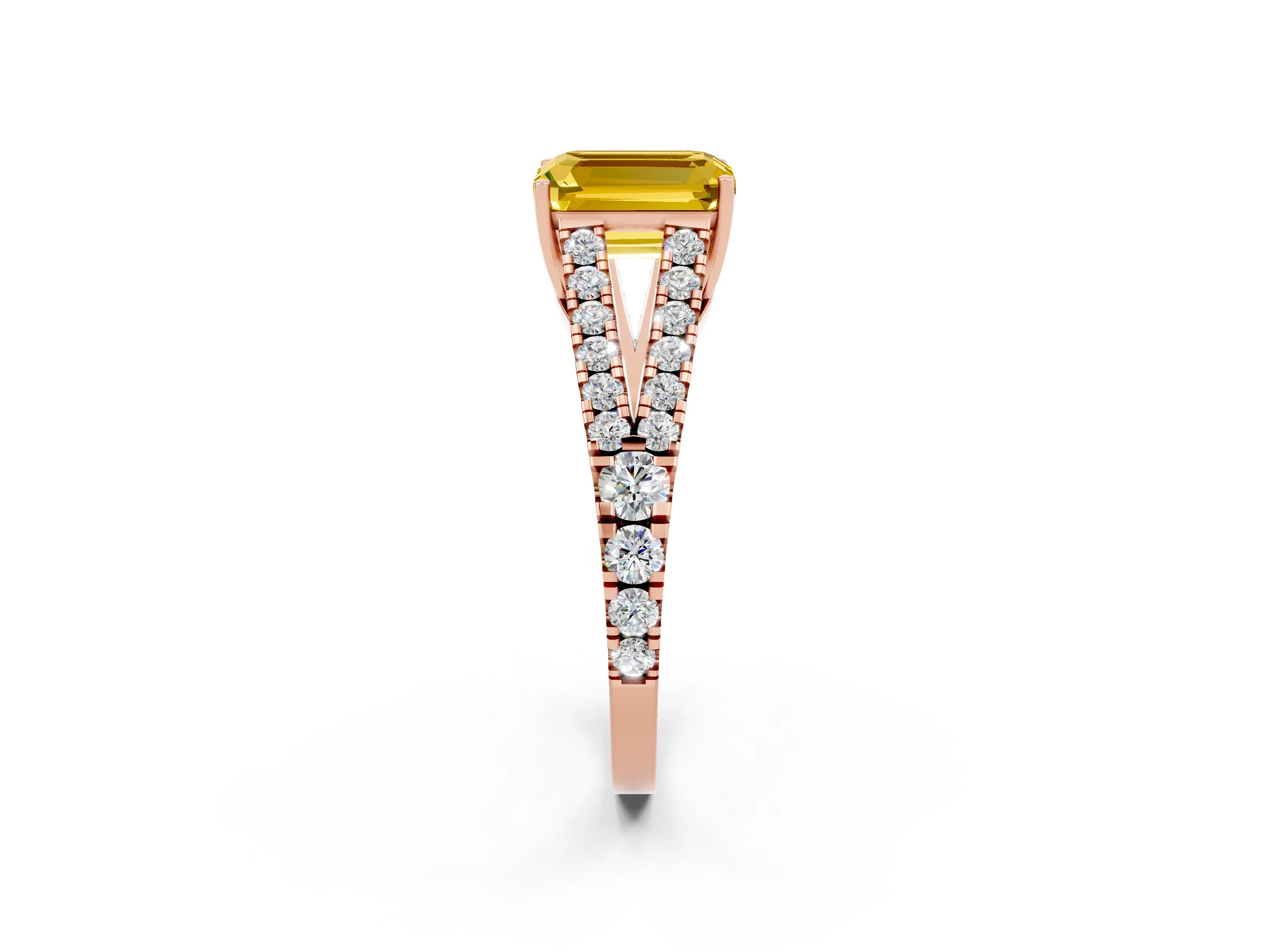 Rose gold Emerald Cut Yellow Sapphire Split Shank Pavé Engagement Ring with Four-Prong Setting_14