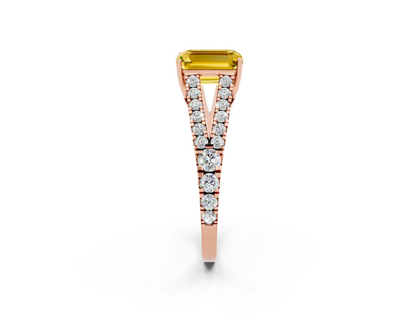 Rose gold Emerald Cut Yellow Sapphire Split Shank Pavé Engagement Ring with Four-Prong Setting