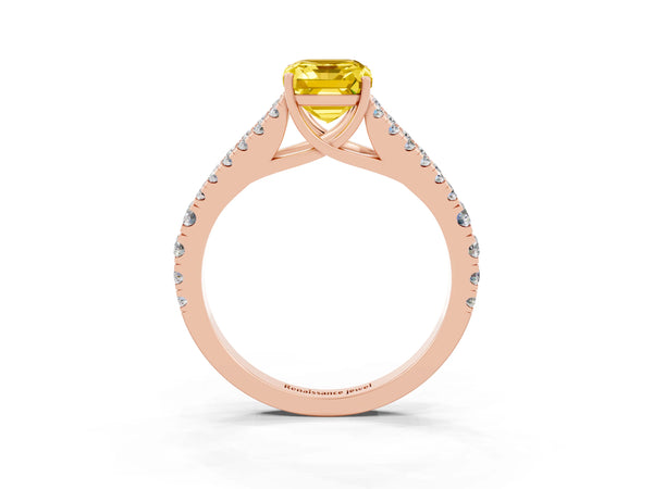Rose gold Emerald Cut Yellow Sapphire Split Shank Pavé Engagement Ring with Four-Prong Setting
