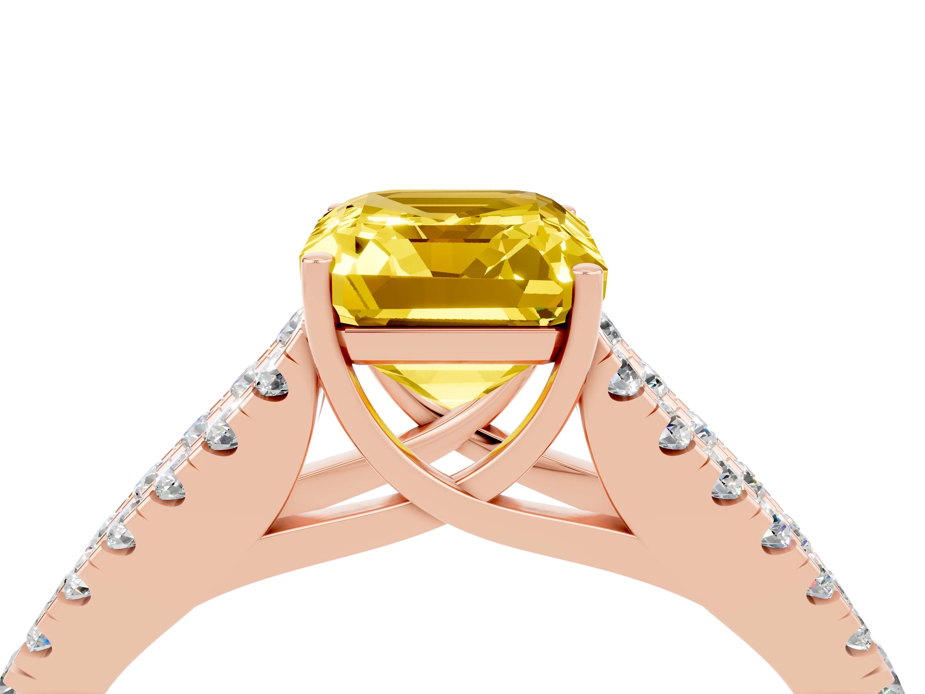 Rose gold Emerald Cut Yellow Sapphire Split Shank Pavé Engagement Ring with Four-Prong Setting_16