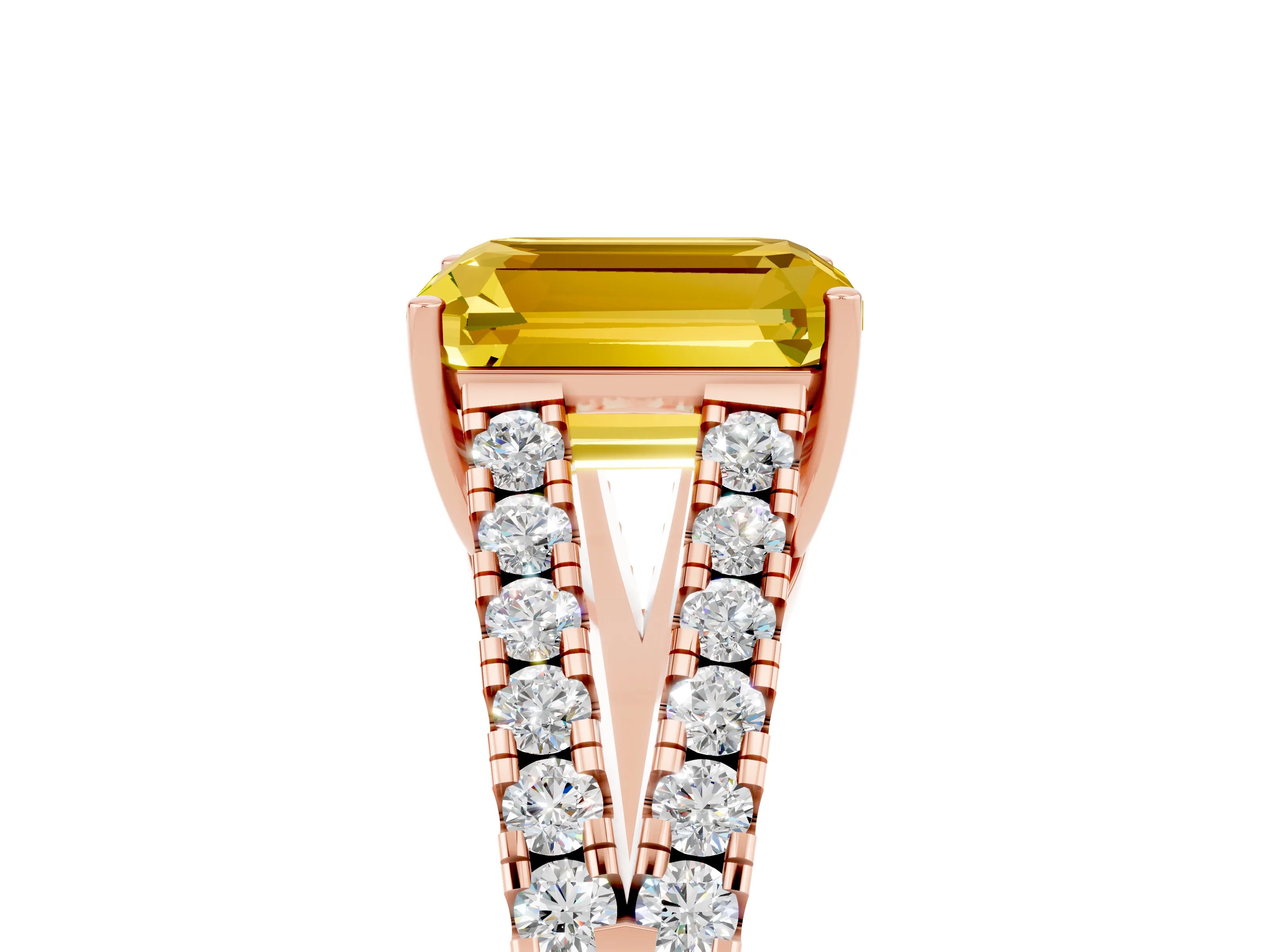 Rose gold Emerald Cut Yellow Sapphire Split Shank Pavé Engagement Ring with Four-Prong Setting_17