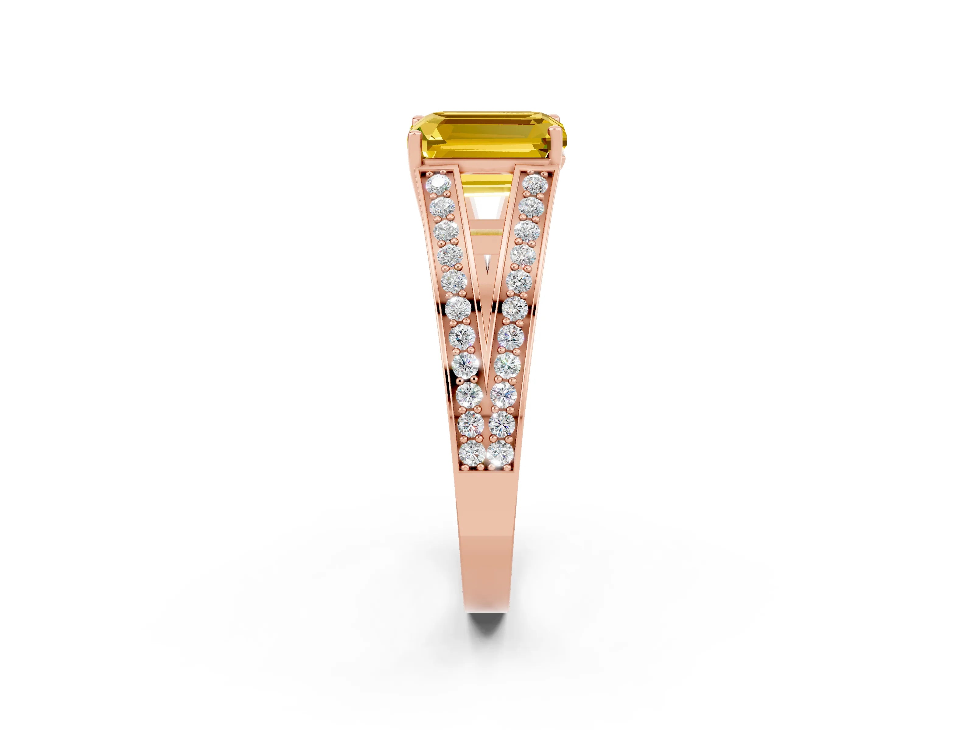 Rose gold Emerald Cut Yellow Sapphire Split Shank Ring with Pavé Band and Four-Prong Setting_2
