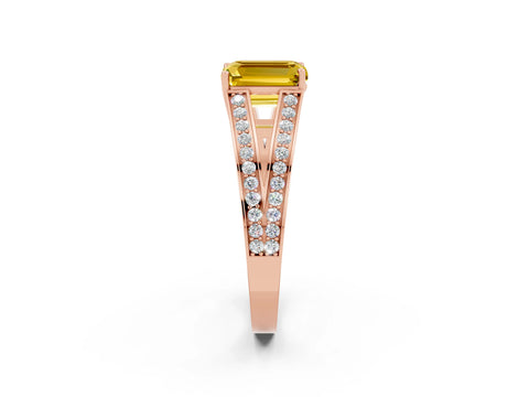 Rose gold Emerald Cut Yellow Sapphire Split Shank Ring with Pavé Band and Four-Prong Setting_2