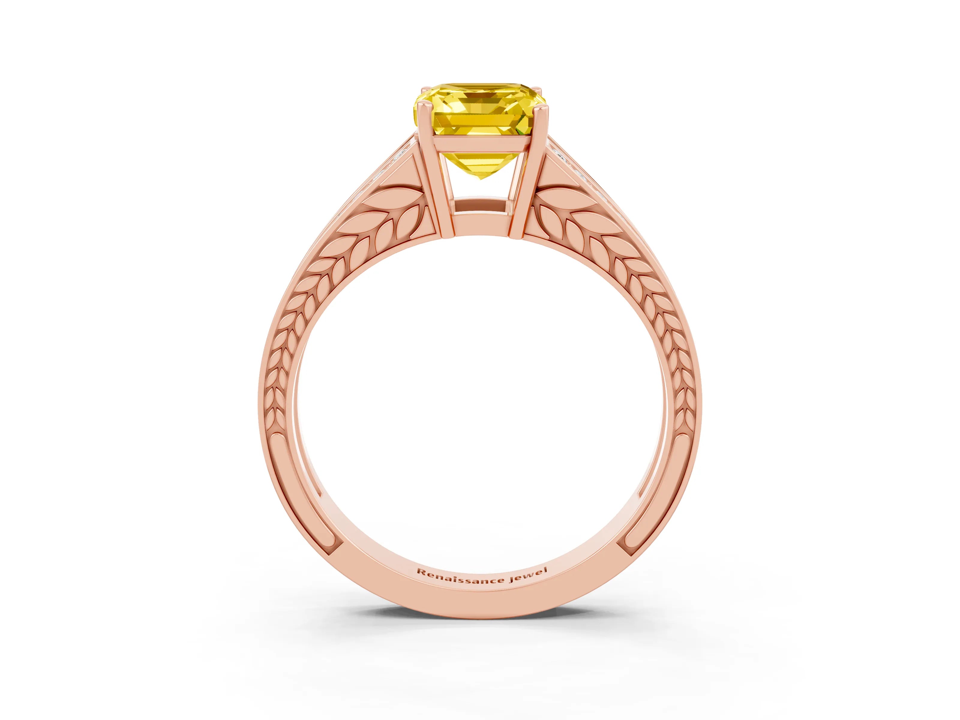 Rose gold Emerald Cut Yellow Sapphire Split Shank Ring with Pavé Band and Four-Prong Setting_3