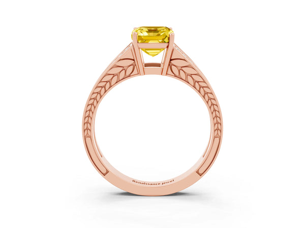 Rose gold Emerald Cut Yellow Sapphire Split Shank Ring with Pavé Band and Four-Prong Setting