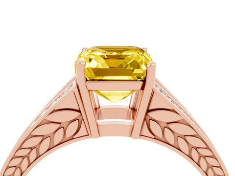Rose gold Emerald Cut Yellow Sapphire Split Shank Ring with Pavé Band and Four-Prong Setting_4