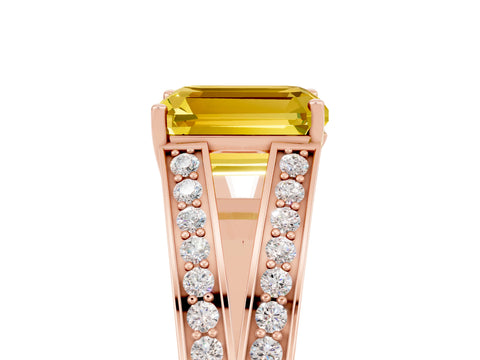 Rose gold Emerald Cut Yellow Sapphire Split Shank Ring with Pavé Band and Four-Prong Setting_5