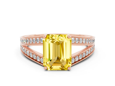 Rose gold Emerald Cut Yellow Sapphire Split Shank Ring with Pavé Band and Four-Prong Setting