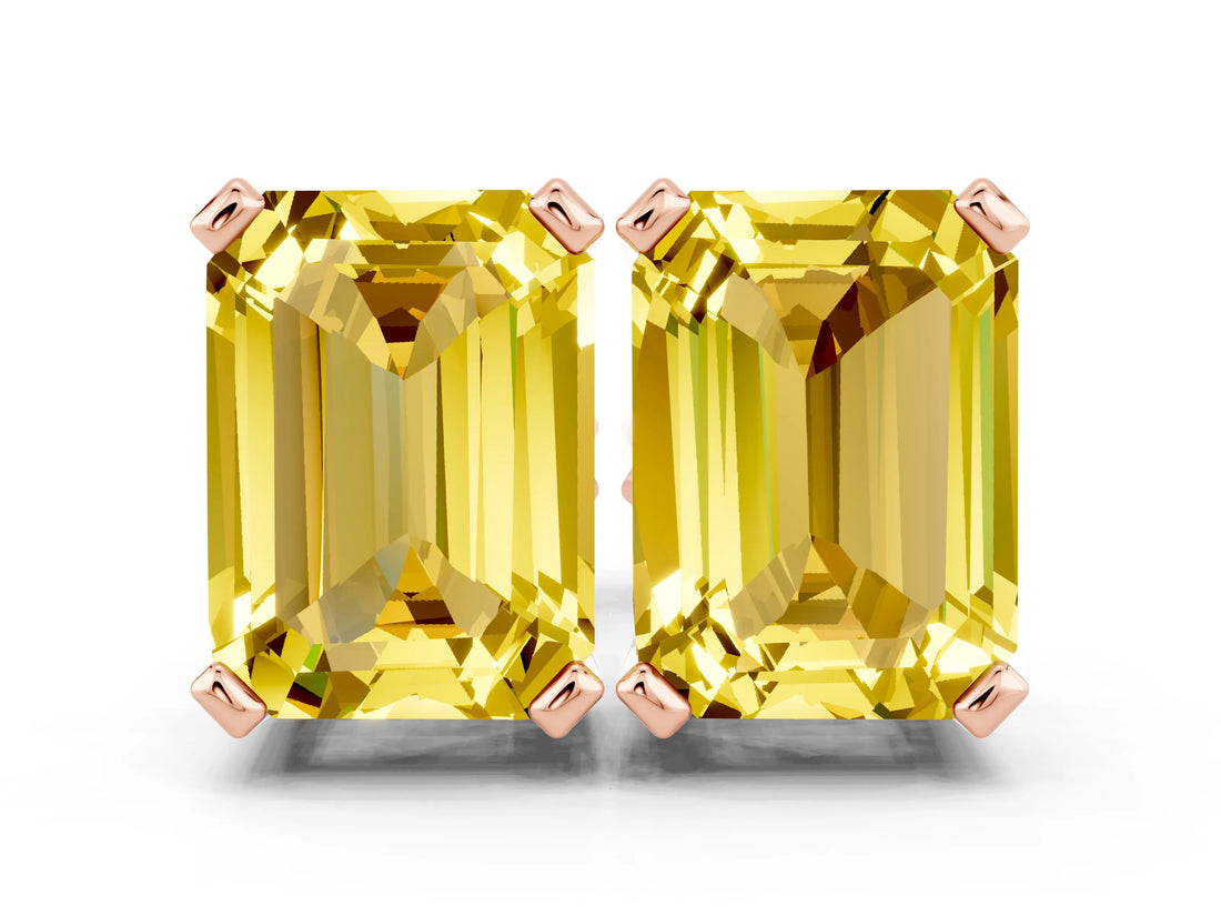 Rose gold Emerald Cut Yellow Sapphire Stud Earrings_24