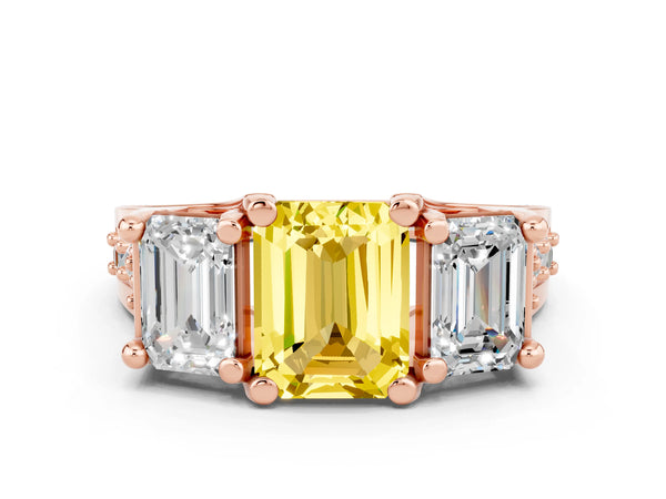 Rose gold Emerald Cut Yellow Sapphire Three-Stone Ring with Channel Set Band and Four-Prong Setting