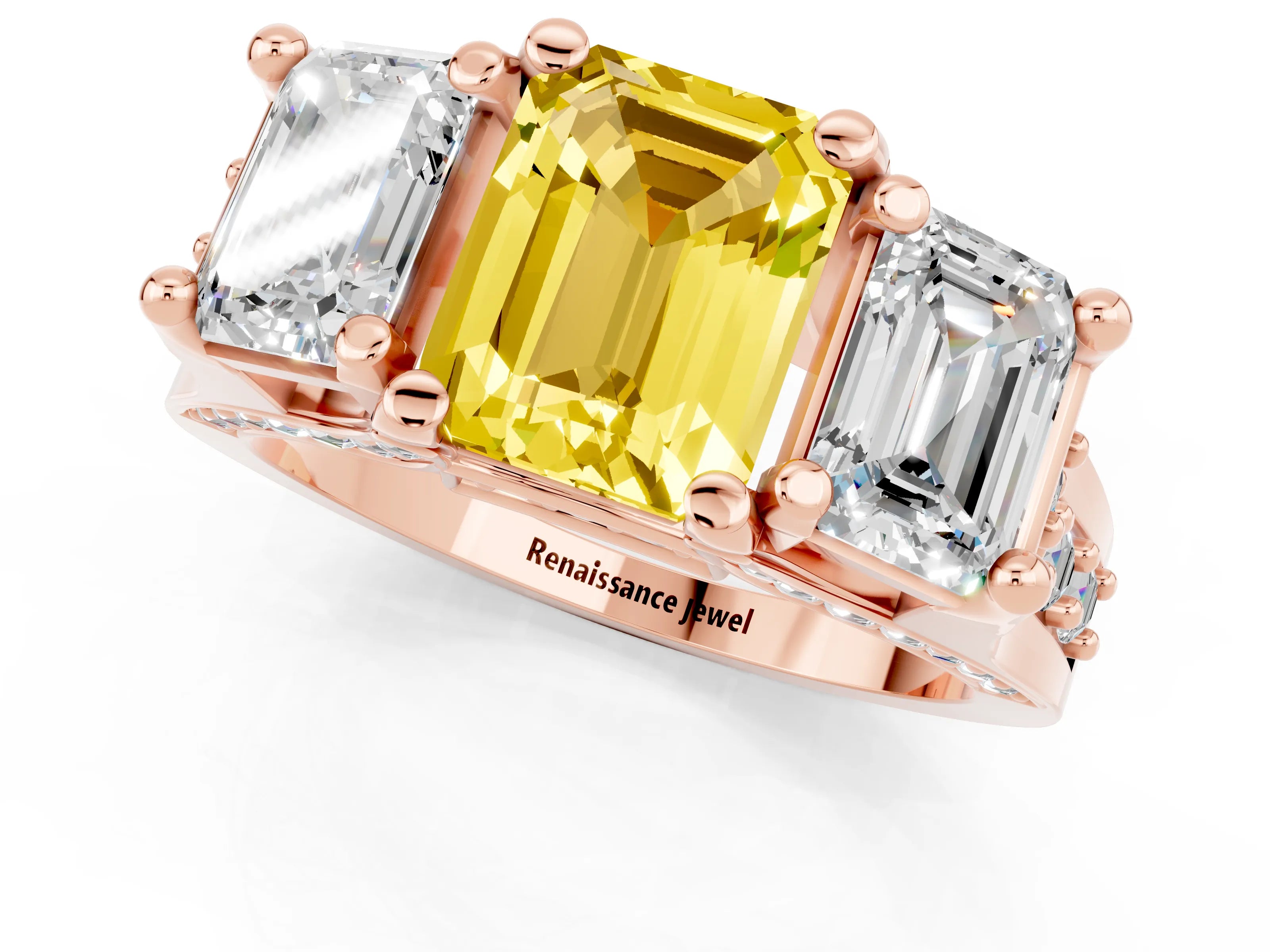 Rose gold Emerald Cut Yellow Sapphire Three-Stone Ring with Channel Set Band and Four-Prong Setting_1