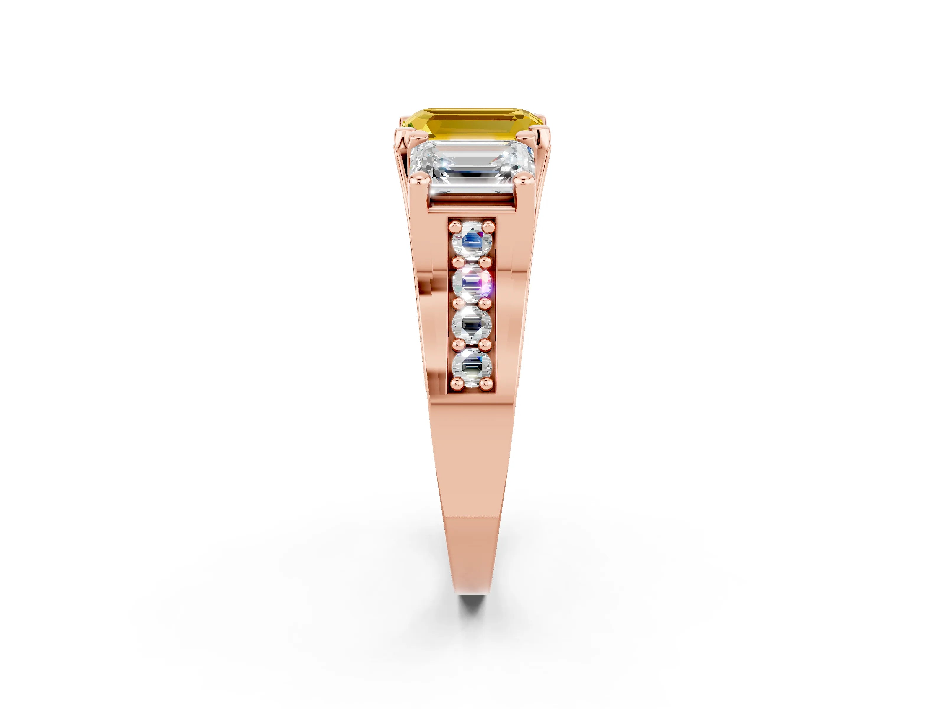 Rose gold Emerald Cut Yellow Sapphire Three-Stone Ring with Channel Set Band and Four-Prong Setting_2