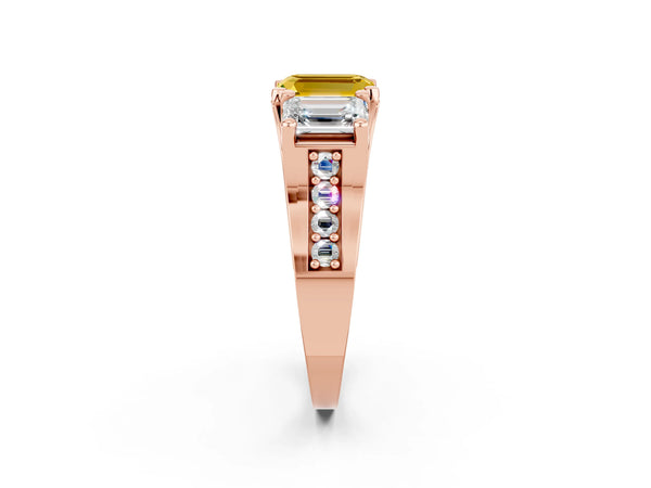 Rose gold Emerald Cut Yellow Sapphire Three-Stone Ring with Channel Set Band and Four-Prong Setting