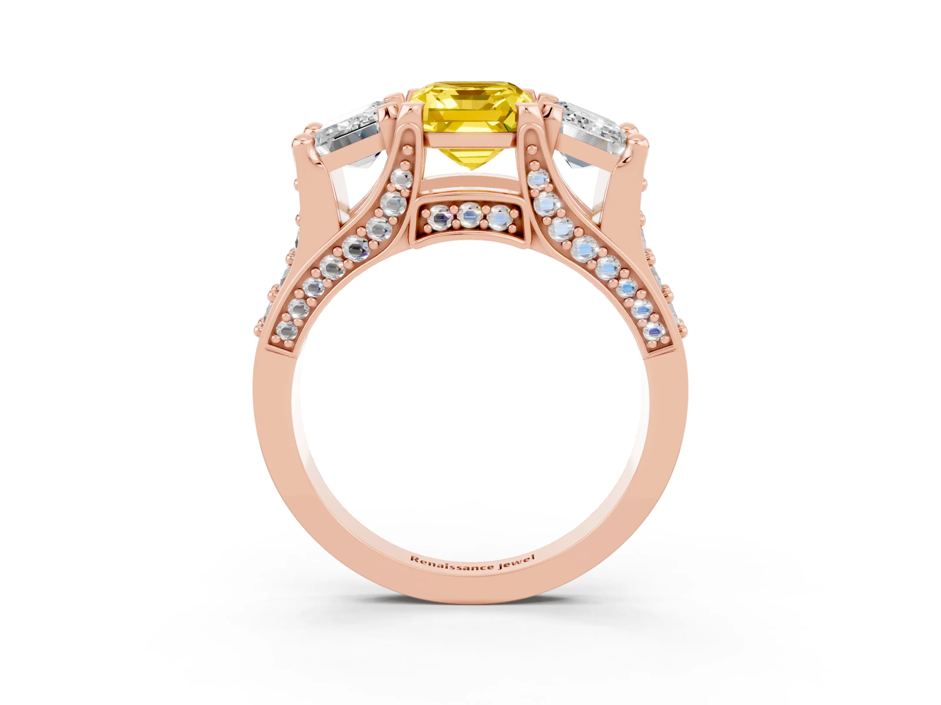 Rose gold Emerald Cut Yellow Sapphire Three-Stone Ring with Channel Set Band and Four-Prong Setting_3