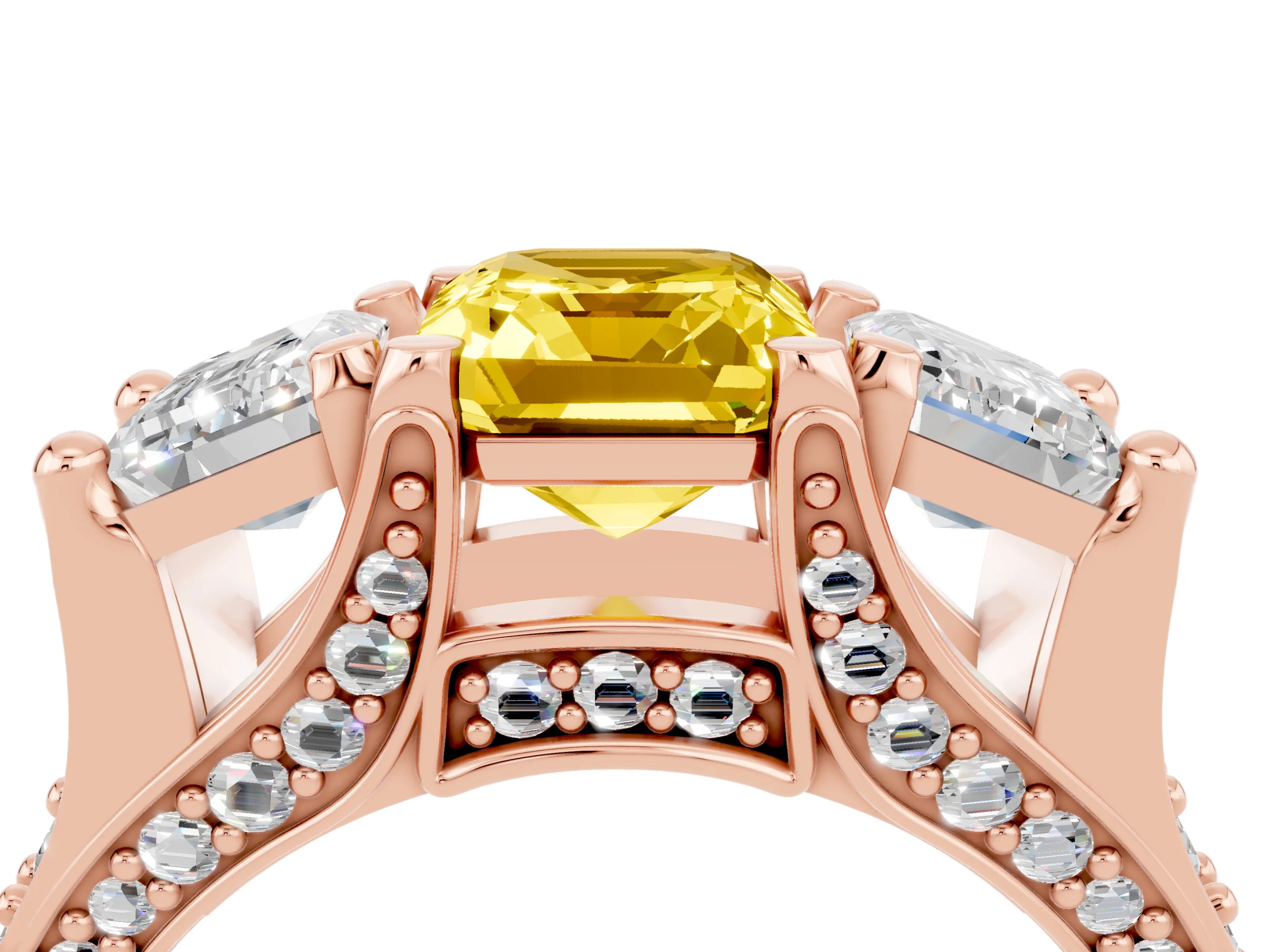 Rose gold Emerald Cut Yellow Sapphire Three-Stone Ring with Channel Set Band and Four-Prong Setting_4