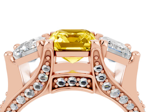 Rose gold Emerald Cut Yellow Sapphire Three-Stone Ring with Channel Set Band and Four-Prong Setting_4