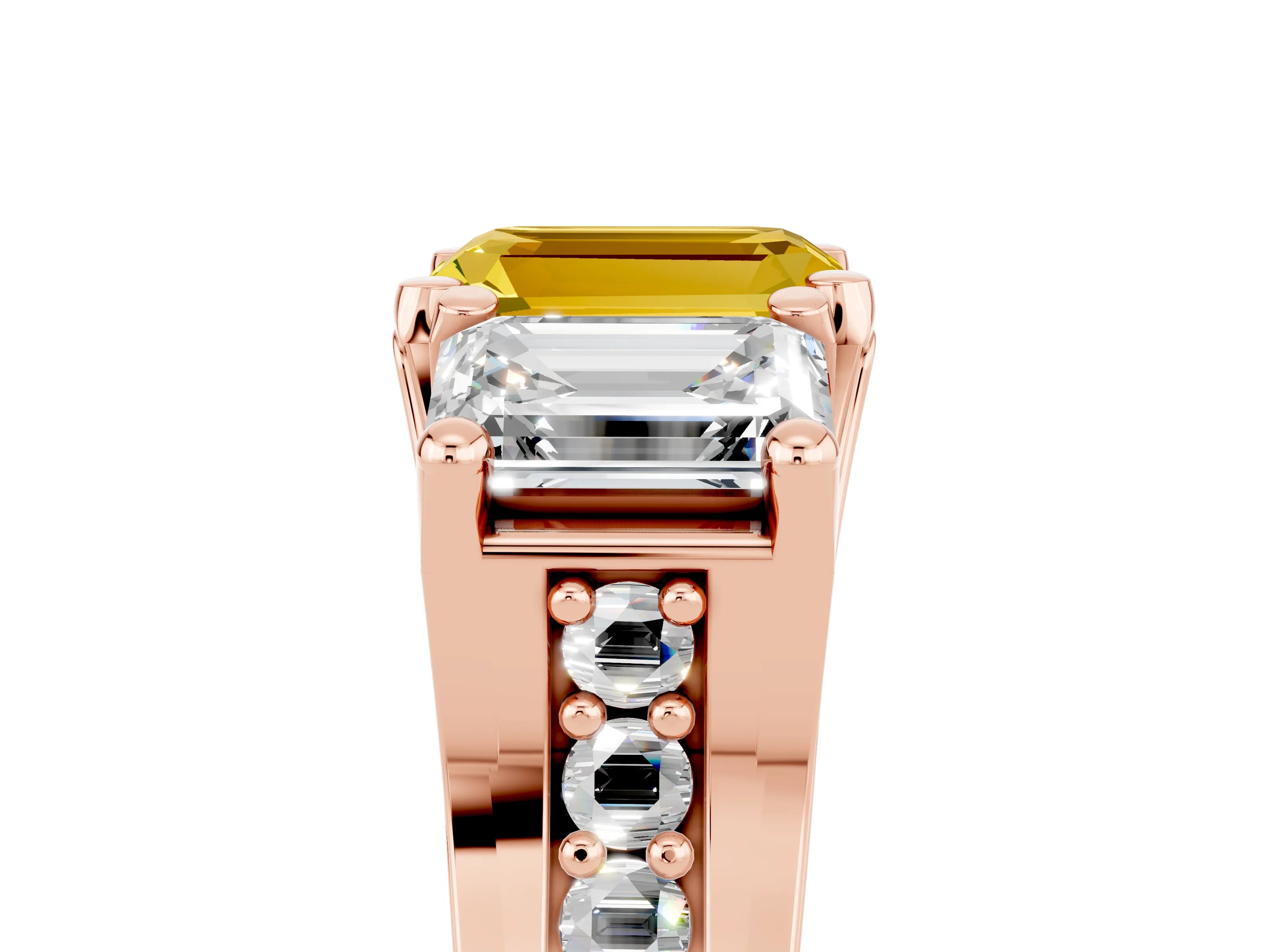 Rose gold Emerald Cut Yellow Sapphire Three-Stone Ring with Channel Set Band and Four-Prong Setting_5