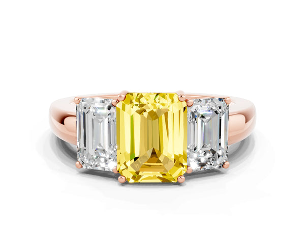 Rose gold Emerald Cut Yellow Sapphire Three-Stone Ring with Four-Prong Setting and Classic Band