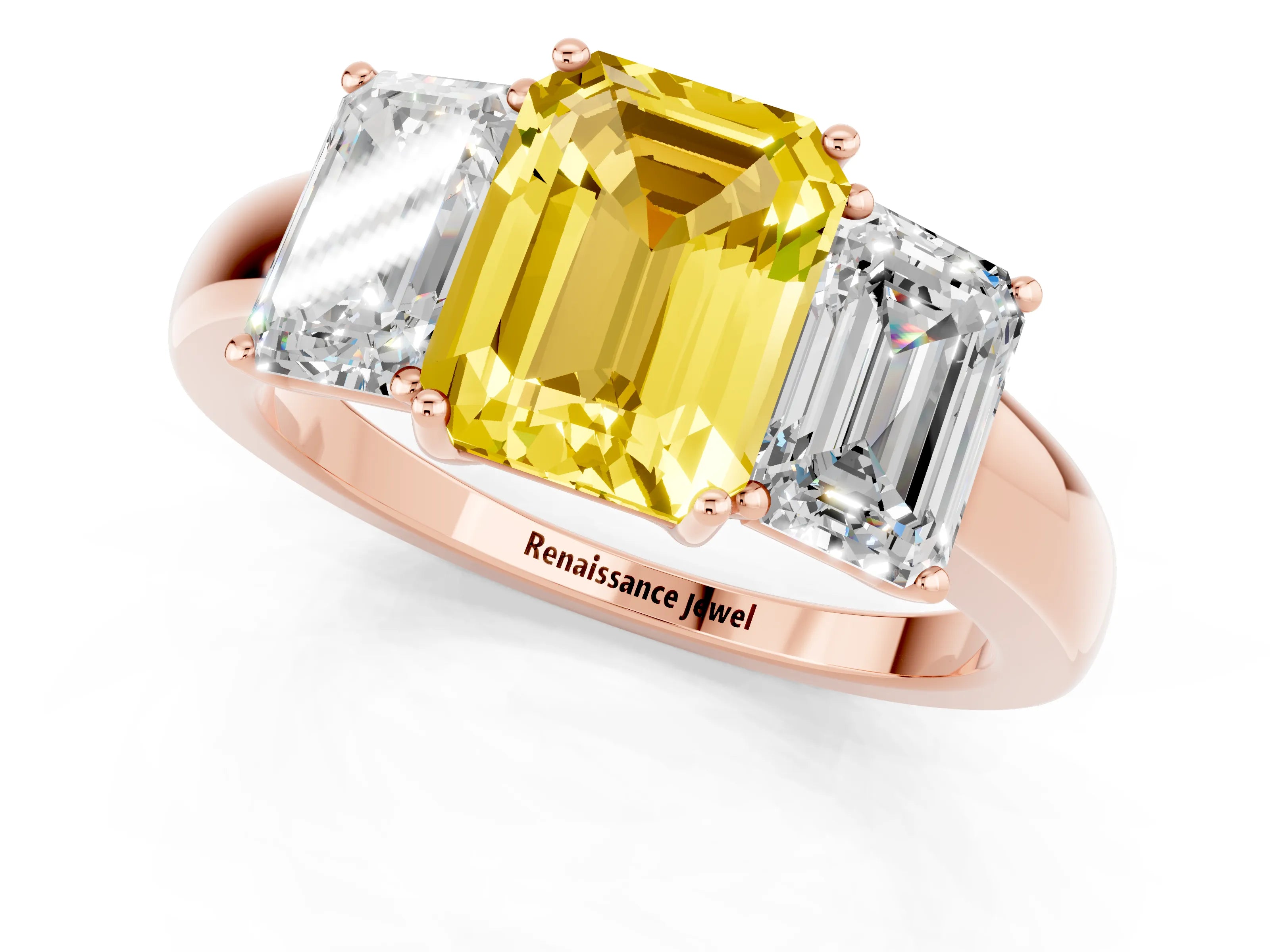 Rose gold Emerald Cut Yellow Sapphire Three-Stone Ring with Four-Prong Setting and Classic Band_1