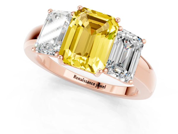 Rose gold Emerald Cut Yellow Sapphire Three-Stone Ring with Four-Prong Setting and Classic Band
