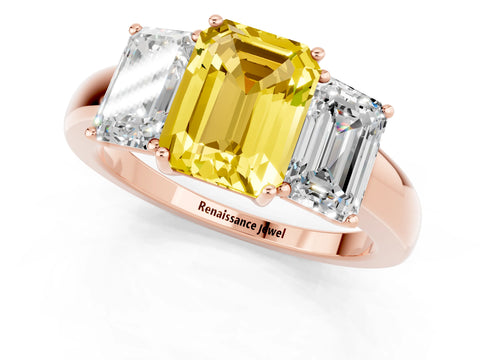Rose gold Emerald Cut Yellow Sapphire Three-Stone Ring with Four-Prong Setting and Classic Band_1