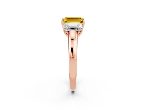 Rose gold Emerald Cut Yellow Sapphire Three-Stone Ring with Four-Prong Setting and Classic Band