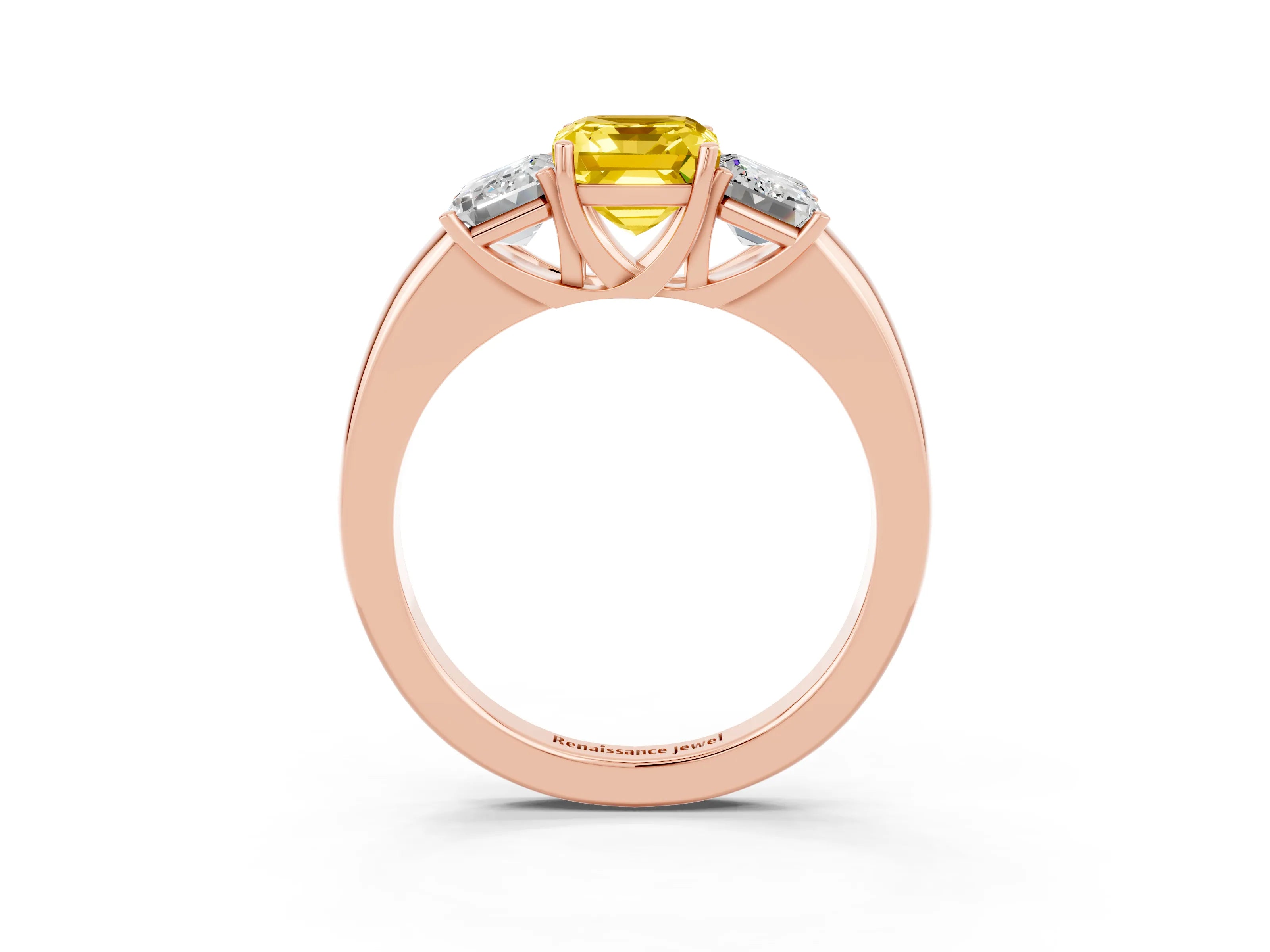 Rose gold Emerald Cut Yellow Sapphire Three-Stone Ring with Four-Prong Setting and Classic Band_3