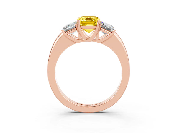 Rose gold Emerald Cut Yellow Sapphire Three-Stone Ring with Four-Prong Setting and Classic Band