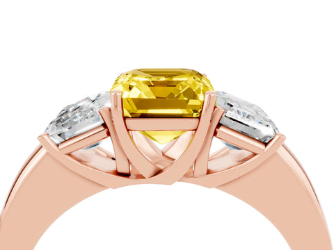 Rose gold Emerald Cut Yellow Sapphire Three-Stone Ring with Four-Prong Setting and Classic Band_4