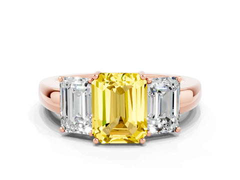 Rose gold Emerald Cut Yellow Sapphire Three-Stone Ring with Four-Prong Setting and Classic Band
