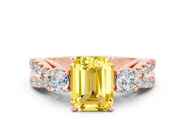 Rose gold Emerald Cut Yellow Sapphire Three-Stone Ring with Pavé Split Shank and Four-Prong Setting