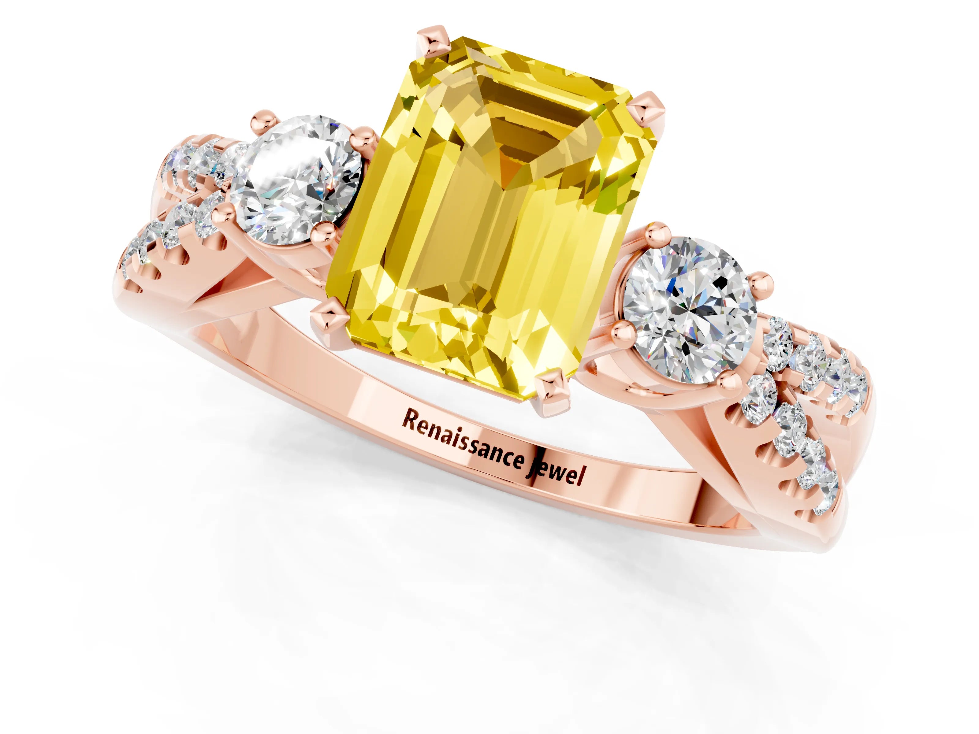 Rose gold Emerald Cut Yellow Sapphire Three-Stone Ring with Pavé Split Shank and Four-Prong Setting_25
