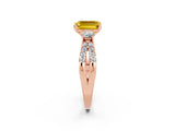 Rose gold Emerald Cut Yellow Sapphire Three-Stone Ring with Pavé Split Shank and Four-Prong Setting_26